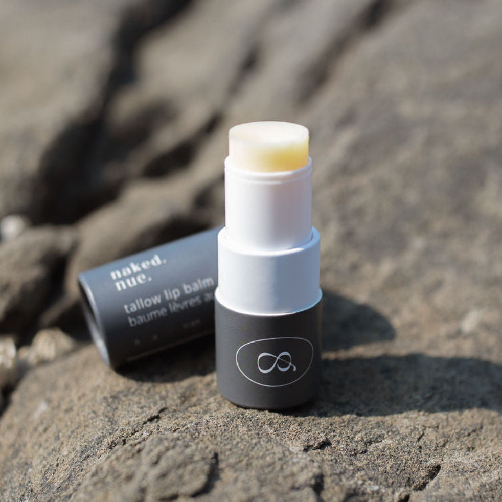 Unscented fragrance free natural tallow lip balm made with grass-fed tallow in paper tube plastic free Canadian